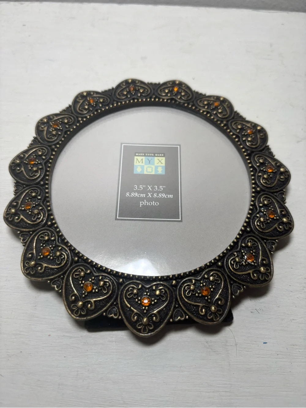 Decorative Round Picture Frame in Antique Bronze with Amber Accents